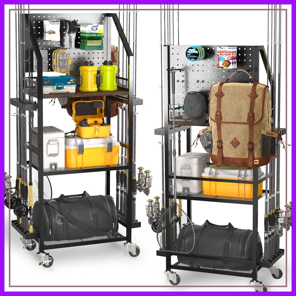 Fishing Rod Rack - 3-Tier Rolling Fishing Rod Rack with